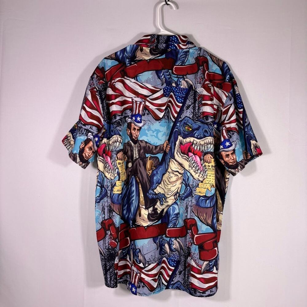 Men's Patriotic Dinosaur Abraham Lincoln Print Button Down Shirt Medium 0084 - Picture 2 of 8
